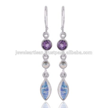 Lovely Rainbow Moonstone et Multi Gemstone 925 Solid Silver Earring Jewelry